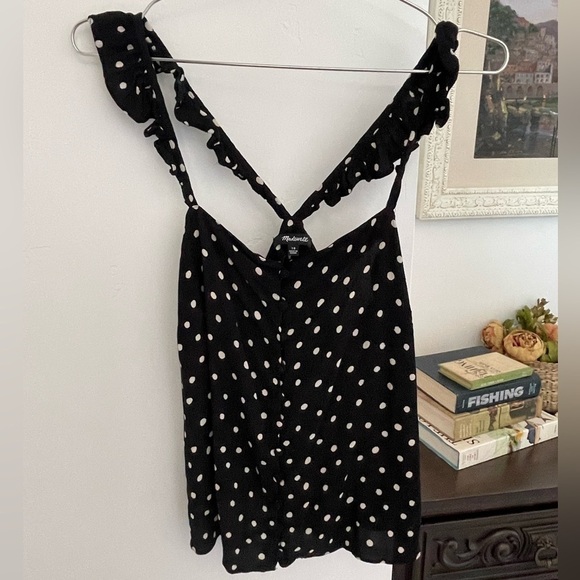 Madewell Blouse Womens size 10 Black Polka Dots Button Front Ruffle Straps - Picture 1 of 7